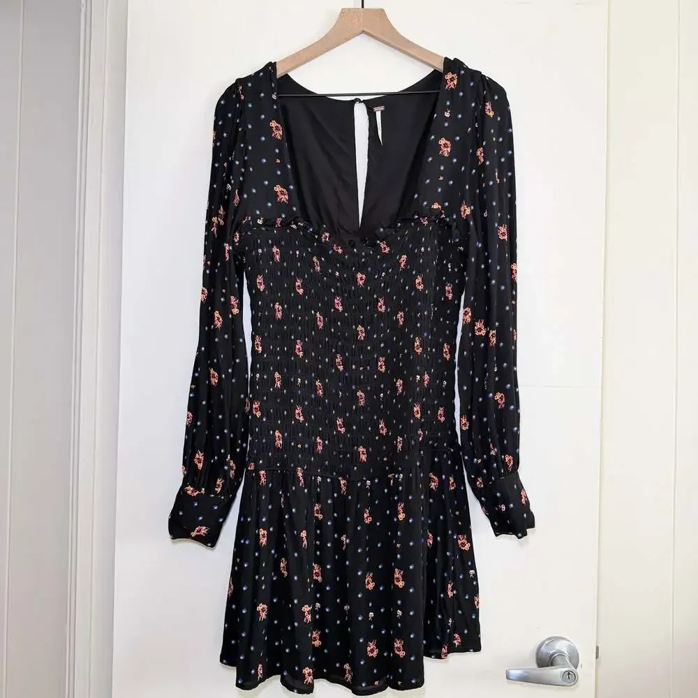 Free People Black Floral Smocked Mini Dress XL Boho Cottagecore Babydoll V-Neck